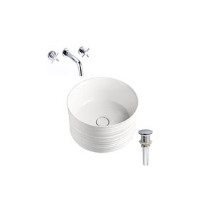 DROP Bath and Kitchen 16.3-in Round Ceramic Bathroom Vessel Sink Set in White w/ Chrome Faucet and Drain