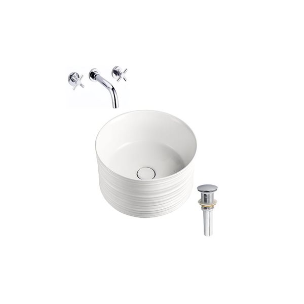 Lavabo-vasque ronde DROP Bath and Kitchen 16,3 po en céramique blanche avec robinet et bonde chromés