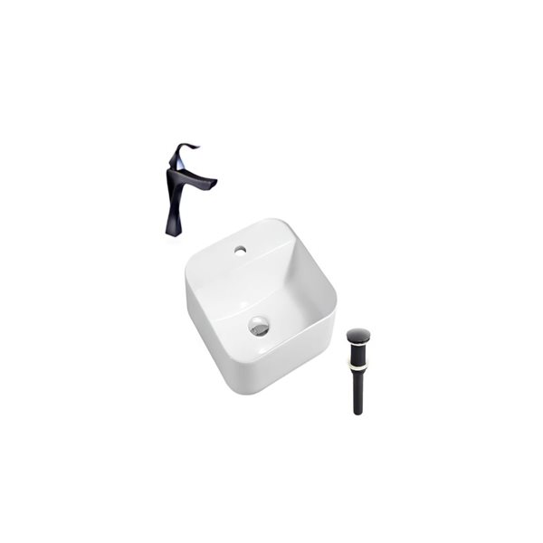 Lavabo-vasque blanc sur plan DROP Bath and Kitchen 15,3 po carré en céramique avec robinet et bonde noirs