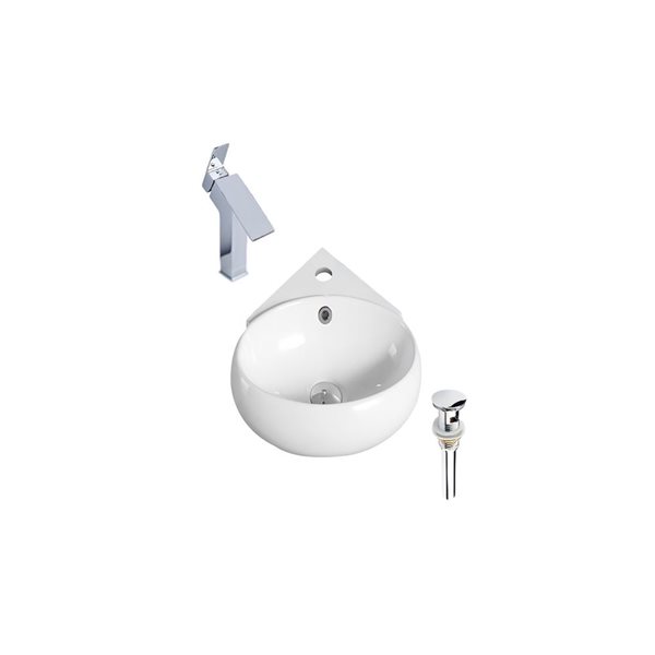 Lavabo-vasque mural en céramique blanc DROP Bath and Kitchen 13,7 po ovale avec robinet et bonde chromés