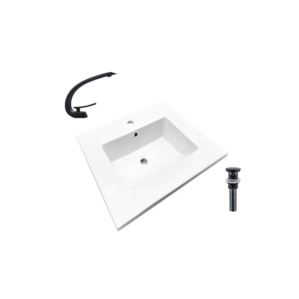 Comptoir-lavabo monobloc rectangle en céramique blanche DROP Bath and Kitchen de 16,3 po avec robinet et bonde noirs