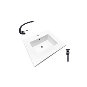 Comptoir-lavabo monobloc rectangle en céramique blanche DROP Bath and Kitchen de 16,3 po avec robinet et bonde noirs