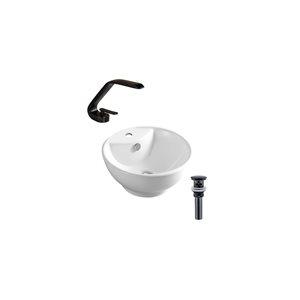 DROP Bath and Kitchen 18-in Round Ceramic Above Counter Bathroom Vessel Sink in White w/ Black Faucet and Drain