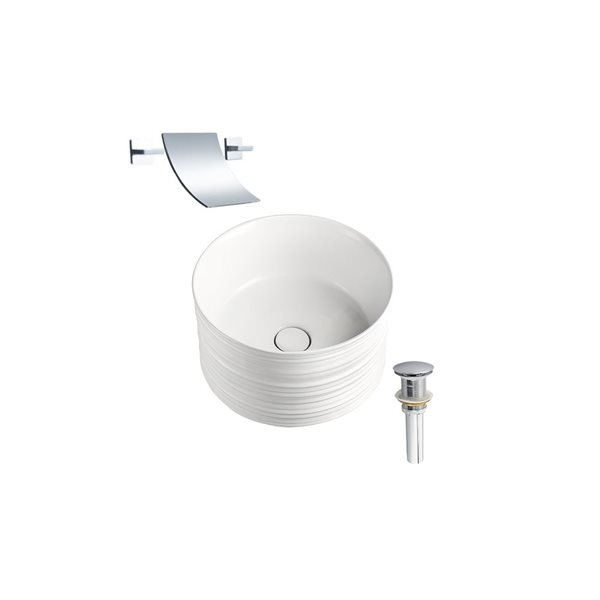 DROP Bath and Kitchen 16.3-in White Round Ceramic Bathroom Vessel Sink Set in White w/ Chrome Faucet and Drain