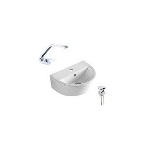 DROP Bath and Kitchen 17.5-in Semicircular Ceramic Wall Mount Bathroom Vessel Sink in White w/ Chrome Faucet and Drain