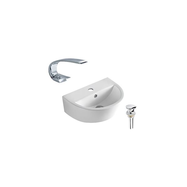 Lavabo-vasque mural blanc DROP Bath and Kitchen 17,5 po en céramique semi-circulaire avec robinet et bonde chromés