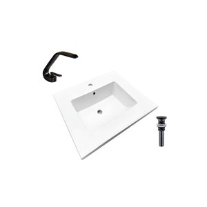 Comptoir-lavabo monobloc rectangle blanc en céramique DROP Bath and Kitchen de 16,3 po avec robinet et bonde noirs