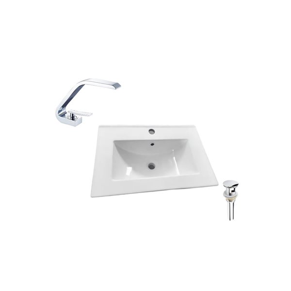 DROP Bath and Kitchen 24.2-in Rectangular Ceramic Bathroom Vanity Top Set in White w/ Chrome Faucet and Drain