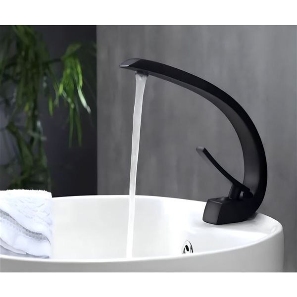 Lavabo-vasque ronde DROP Bath and Kitchen blanche 18 po sur plan en céramique à bonde et robinet noirs