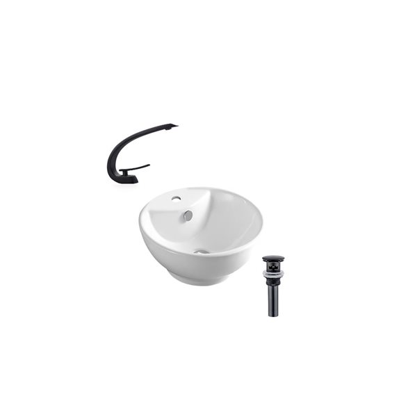 DROP Bath and Kitchen 18-in White Round Ceramic Above Counter Vessel Sink Set in White w/ Black Faucet and Drain