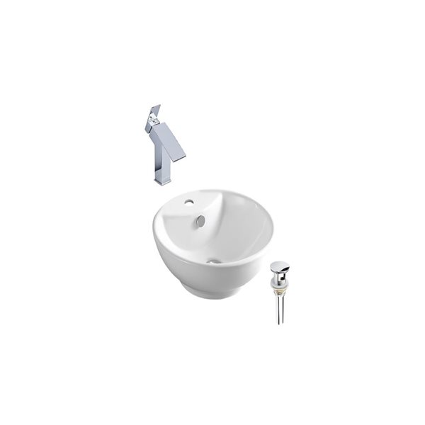 DROP Bath and Kitchen 18-in Round Ceramic Above Counter Bathroom Vessel Sink Set in White w/ Chrome Drain and Faucet