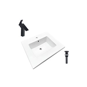 DROP Bath and Kitchen 16.3-in White Rectangular Ceramic Vanity Top Set w/ Black Faucet and Drain