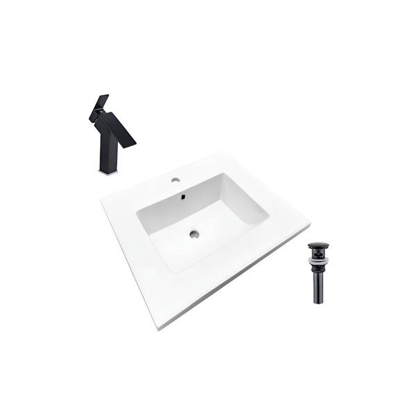 Comptoir-lavabo monobloc rectangulaire blanc en céramique DROP Bath and Kitchen de 16,3 po avec robinet et bonde noirs