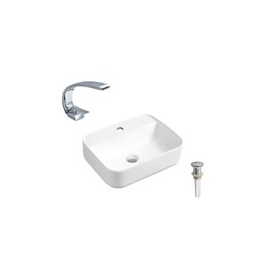 DROP Bath and Kitchen 20.3-in Rectangular Ceramic Above Counter Bathroom Vessel Sink in White w/ Chrome Faucet and Drain