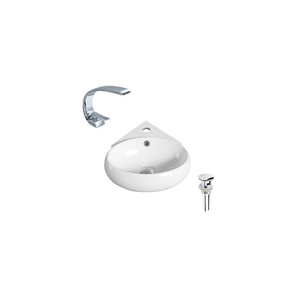 DROP Bath and Kitchen 13.7-in Oval Ceramic Bathroom Vessel Sink Set in White w/ Chrome Faucet and Drain