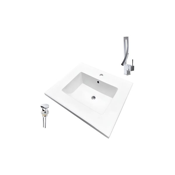 Comptoir-lavabo monobloc rectangulaire blanc en céramique DROP Bath and Kitchen de 16,3 po avec robinet et bonde chromés