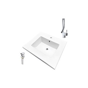 Comptoir-lavabo monobloc rectangulaire blanc en céramique DROP Bath and Kitchen de 16,3 po avec robinet et bonde chromés