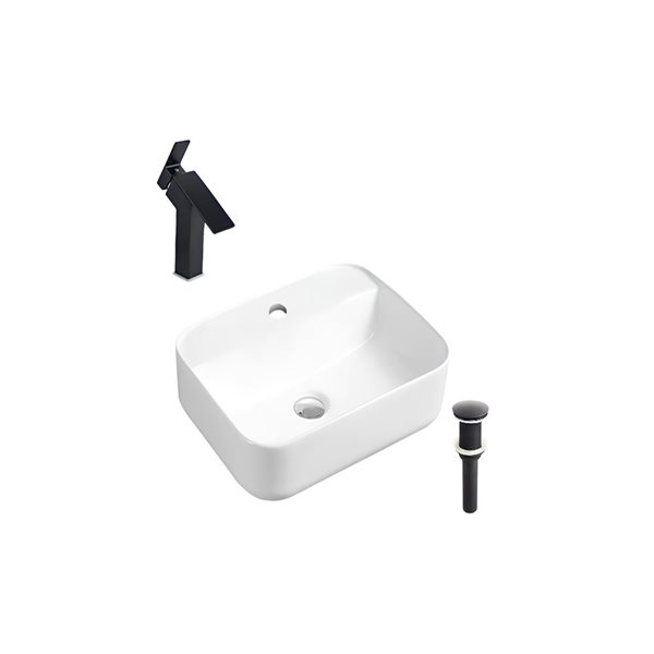 Lavabo-vasque sur plan DROP Bath and Kitchen 20,3 po en céramique blanc rectangle avec robinet et bonde noirs