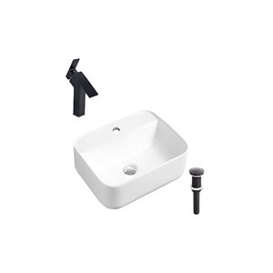 Lavabo-vasque sur plan DROP Bath and Kitchen 20,3 po en céramique blanc rectangle avec robinet et bonde noirs