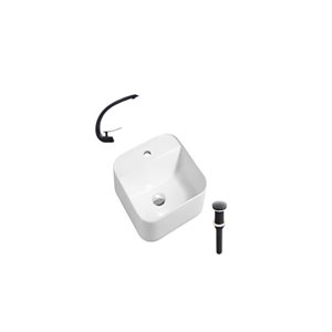 Lavabo-vasque sur plan blanc DROP Bath and Kitchen 15,3 po carré en céramique avec robinet et bonde noirs