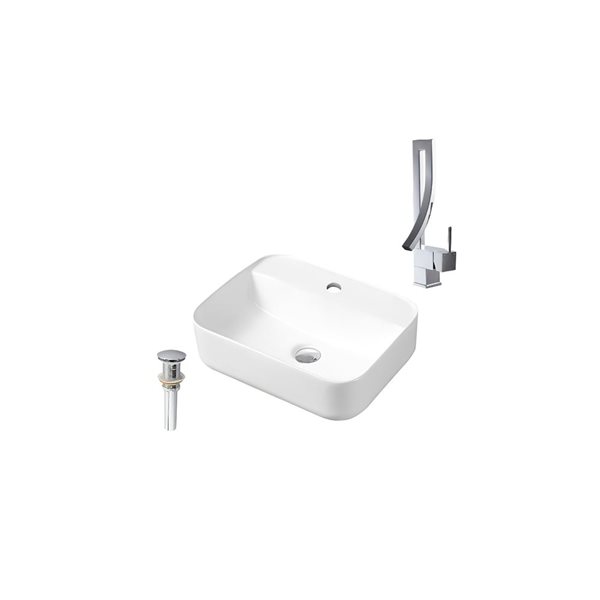 DROP Bath and Kitchen 20.3-in Rectangular Ceramic Above Counter Vessel Sink Set in White w/ Chrome Faucet and Drain