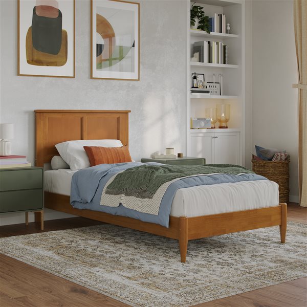 AFI Charlotte Light Toffee Twin XL Solid Wood Low Profile Platform Bed w/Charging Station