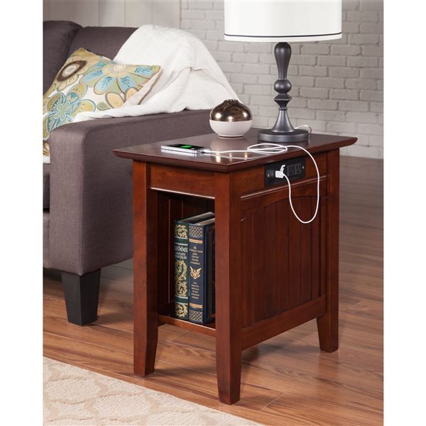 AFI Nantucket Set of 2 Walnut Rectangular Chair Side Table with Built-in Charger