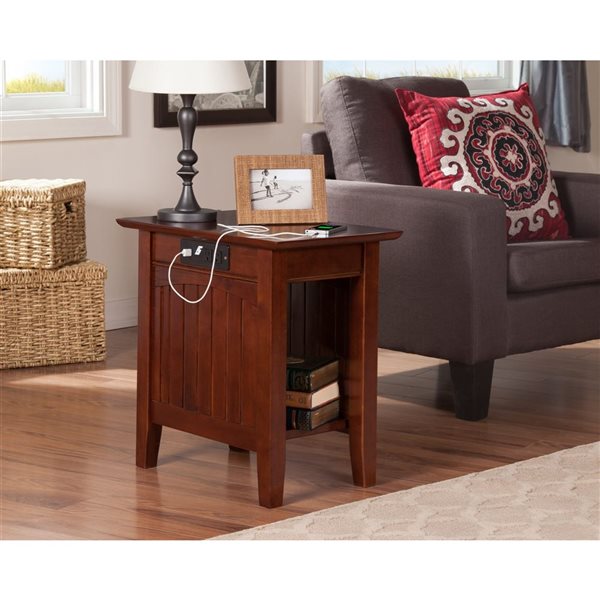 AFI Nantucket Set of 2 Walnut Rectangular Chair Side Table with Built-in Charger