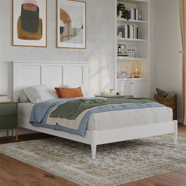AFI Charlotte White Full Size Solid Wood Low Profile Platform Bed w/Charging Station