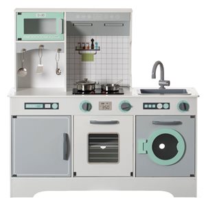 ShpilMaster Wooden Play Kitchen Toy, Light on Microwave, Cabinet, Washer, Sound Electronic Stove, Microwave and Sink