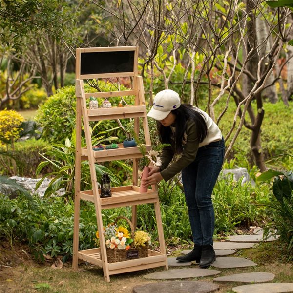 Vintiquewise Wooden 62.75-in 4-Tier Plant Pot Display Ladder Shelf w/Chalkboard