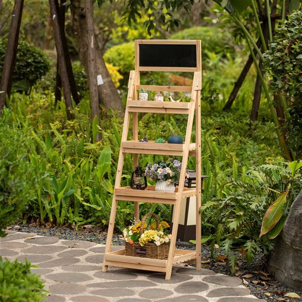 Vintiquewise Wooden 62.75-in 4-Tier Plant Pot Display Ladder Shelf w/Chalkboard