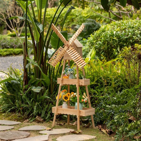 Vintiquewise 52-in Rustic Wooden 2-Tier Cart with Windmill Accent