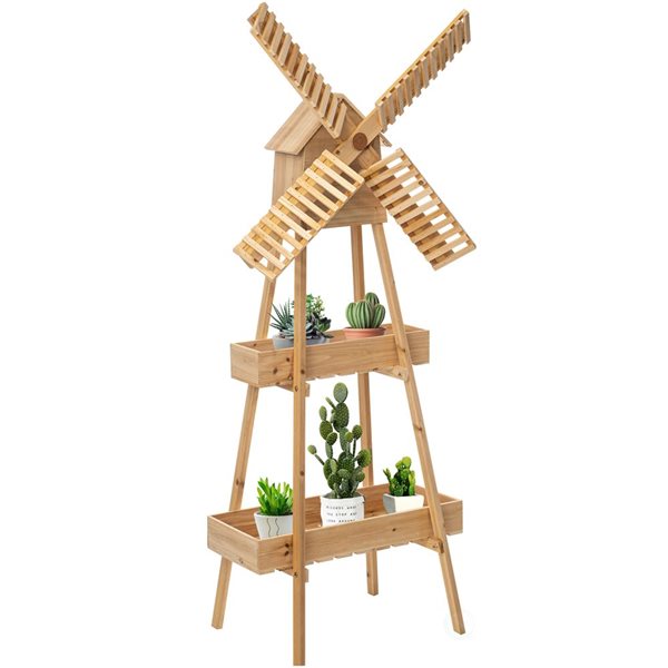 Vintiquewise 52-in Rustic Wooden 2-Tier Cart with Windmill Accent