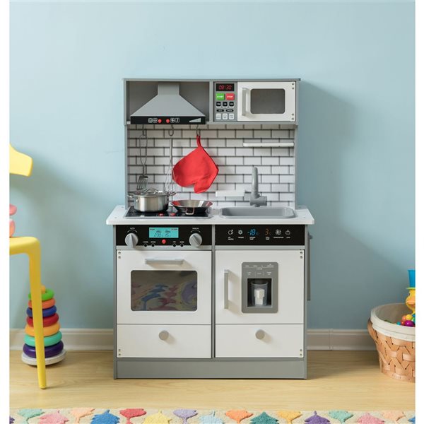 ShpilMaster Wooden Play Kitchen Toy, Light on Microwave, Cabinet, Sound Electronic Stove, Microwave and Sink