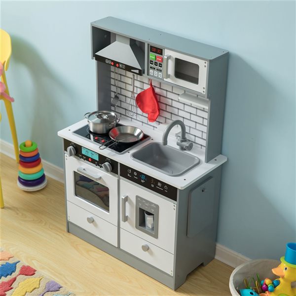 ShpilMaster Wooden Play Kitchen Toy, Light on Microwave, Cabinet, Sound Electronic Stove, Microwave and Sink