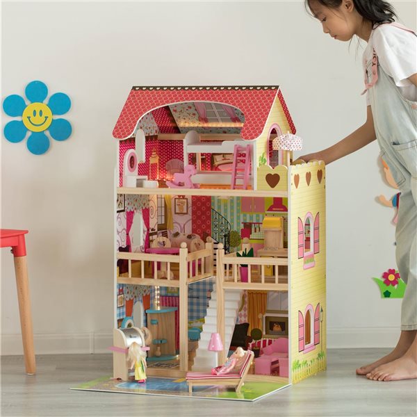 ShpilMaster Wooden Doll House with Toys and Furniture Accessories and LED Light