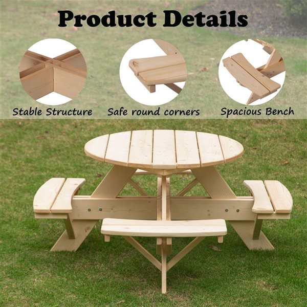 Gardenised Natural Wood Kid's Round Picnic Table w/ Bench