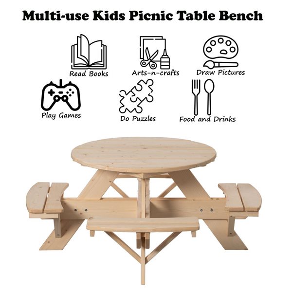 Gardenised Natural Wood Kid's Round Picnic Table w/ Bench