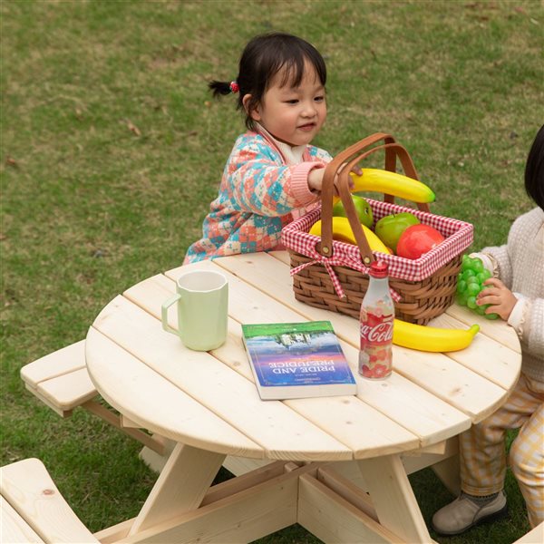 Gardenised Natural Wood Kid's Round Picnic Table w/ Bench