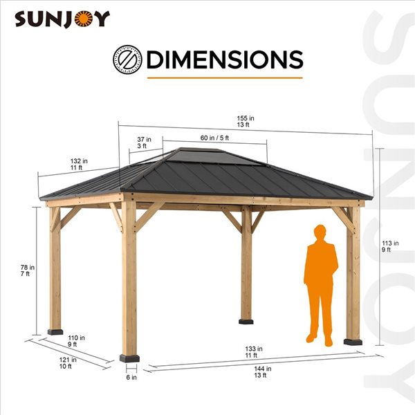 Abri-soleil d'extérieur Jessa par Sunjoy 11 x 13 pi cadre bois de cèdre et toit rigide polycarbonate et acier noir