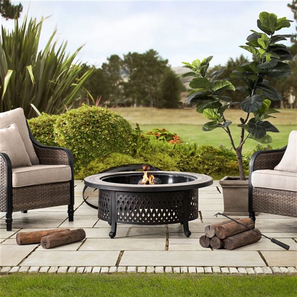 Sunjoy Outdoor 40-in Black and Ceramic Top Round Wood Burning Fire Pit w/ Steel Mesh Spark Screen