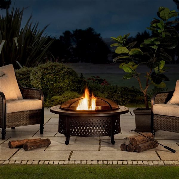 Sunjoy Outdoor 40-in Black and Ceramic Top Round Wood Burning Fire Pit w/ Steel Mesh Spark Screen