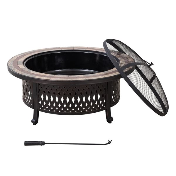 Sunjoy Outdoor 40-in Black and Ceramic Top Round Wood Burning Fire Pit w/ Steel Mesh Spark Screen