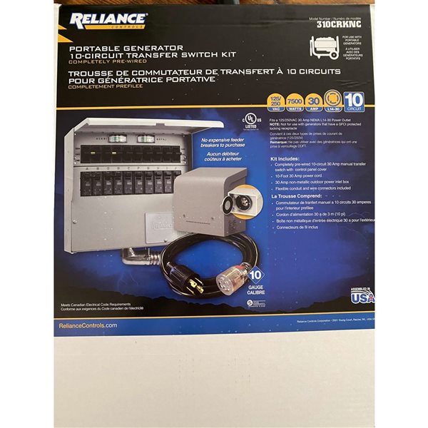 Trousse de commutateur de transfert intérieur 10 circuits Reliance Controls 30 A 7 500 W