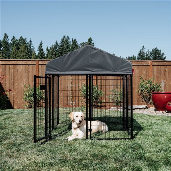 Lucky Dog Stay Series 4.3 H x 4 W x 4-ft D Grey Steel Outdoor Studio Jr. Dog Kennel with Polyester Canopy