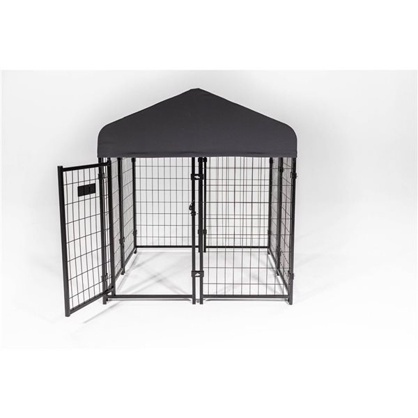 Lucky Dog Stay Series 4.3 H x 4 W x 4-ft D Grey Steel Outdoor Studio Jr. Dog Kennel with Polyester Canopy