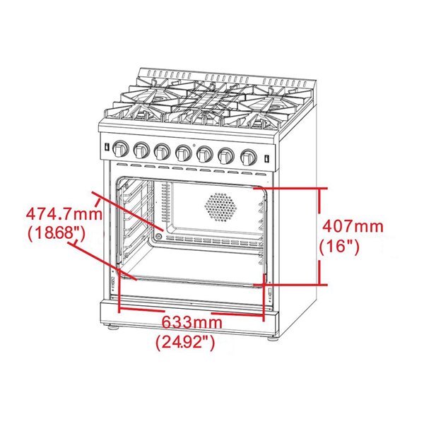 Massimo 30-inch Gas Range Stainless Steel, 5 burners, 68,000 BTU, 4.32 cu. ft., Air Fryer, Griddle