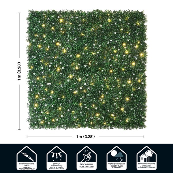 everhome Jasmine Boxwood Artificial Hedge Wall Panel with Lights - 3.28 x 3.28-ft - 1/Pack