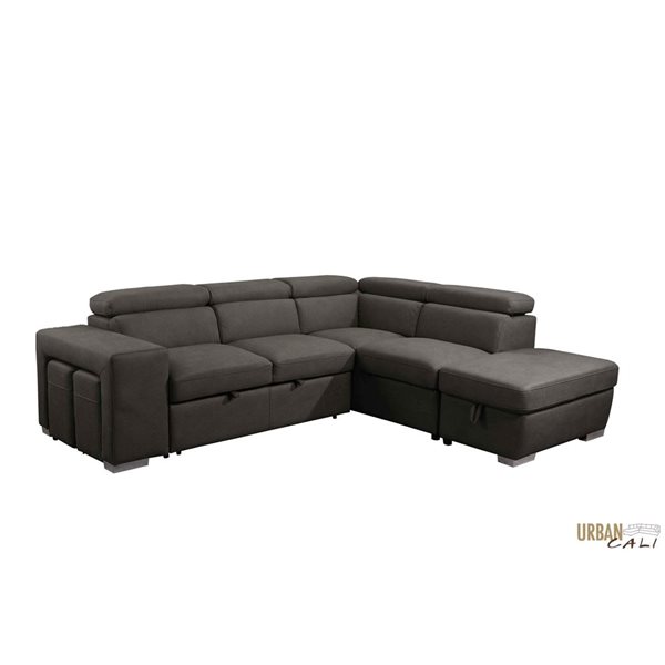 Urban Cali Pasadena Large Noble Cement Sleeper Sectional Sofa Bed w/ Storage Ottoman and 2 Stools